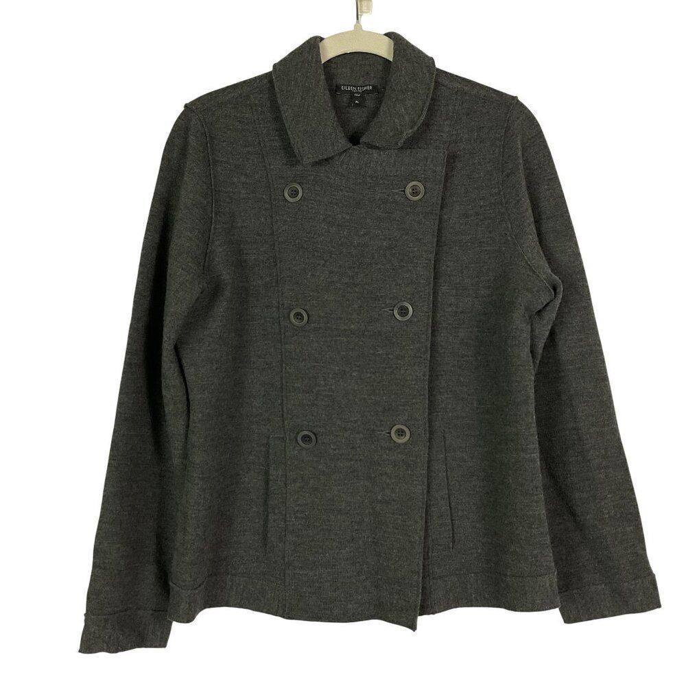 Eileen Fisher Petite Gray Merino Wool Double Breasted Coat, Petite Large
